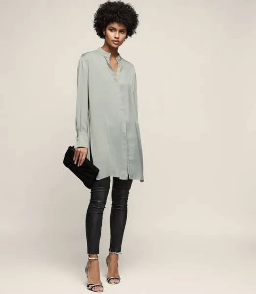 Grey Silk Shirt Dress with Black Leather Leggings