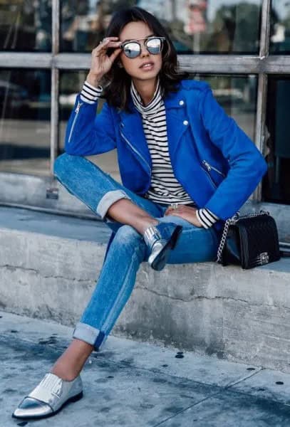 Blue Leather Jacket with Navy and White Striped Long Sleeve Tee