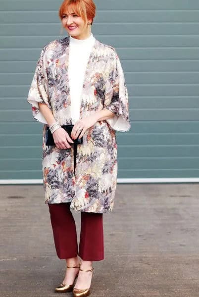 Flora Printed Long Cape with Red Flared Pants & Bronze Heels