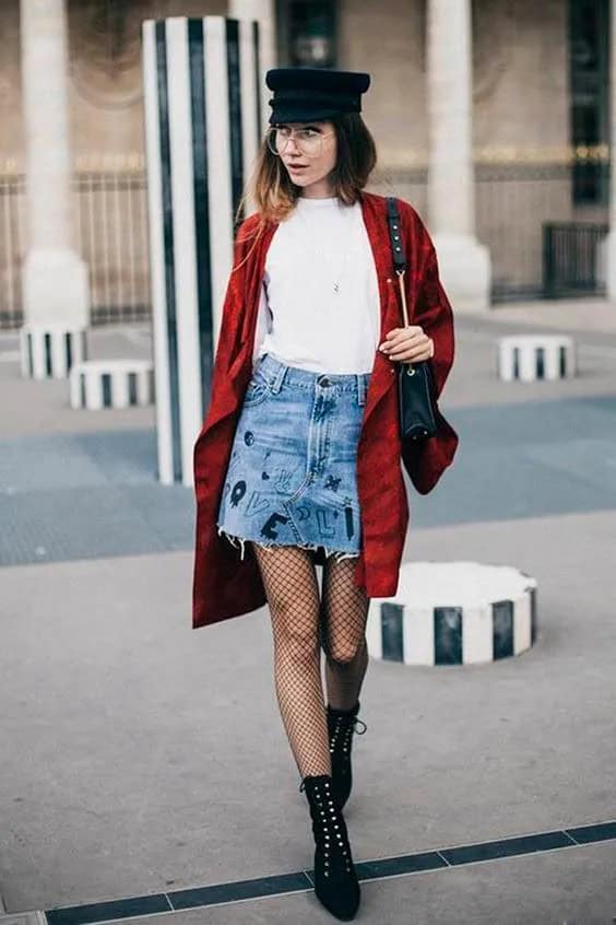 Red Jacket and Denim Skirt