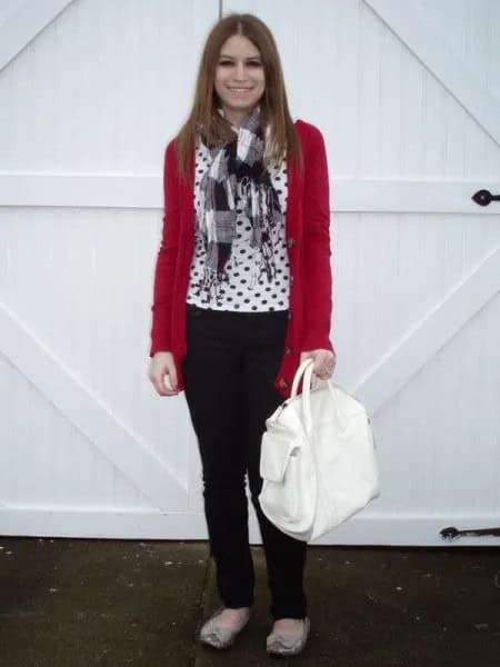 Red Cardigan with White and Black Polka Dot Blouse