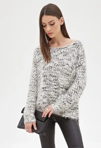 Black and White Marled Knit Sweater & Leather Leggings