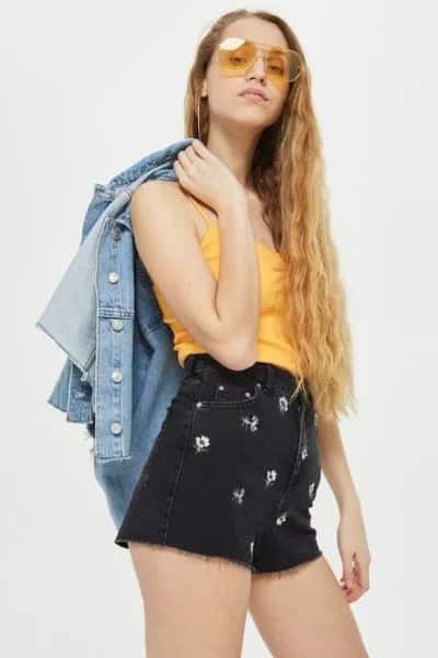 Yellow Tank Top with Black High Rise Cute Jean Shorts & Denim Jacket