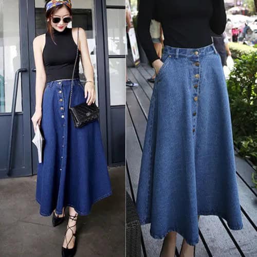 High Waisted Denim Maxi Skirt