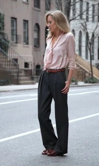 Pale Pink Ribbon Front Blouse with Black Wide Leg Pants