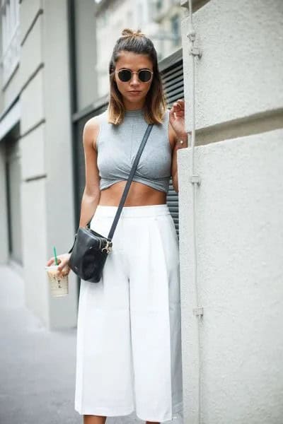 Grey Sleeveless Crop Top with White Cropped Pants