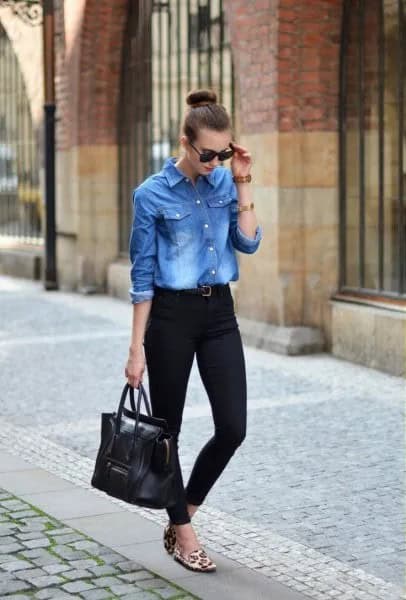 Boyfriend Denim Shirt with Black Slim Fit Jeans