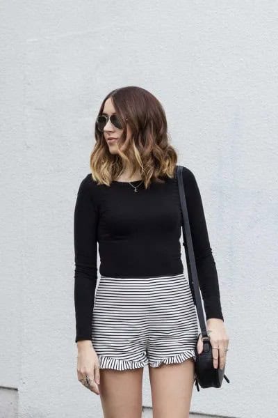 Ruffle Striped Shorts with Black Long Sleeve Fitted Tee