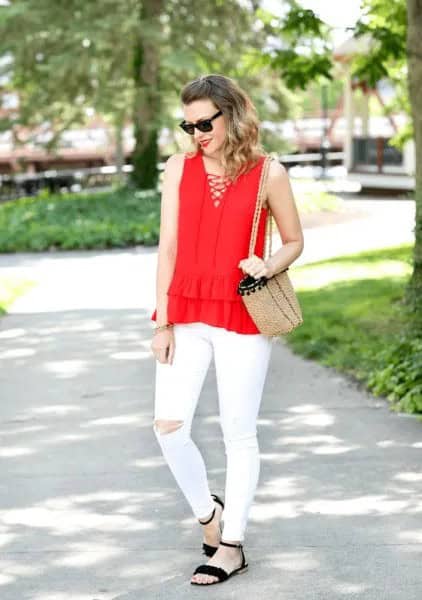 Red Criss Cross Front V Neck Sleeveless Blouse with White Ripped Jeans