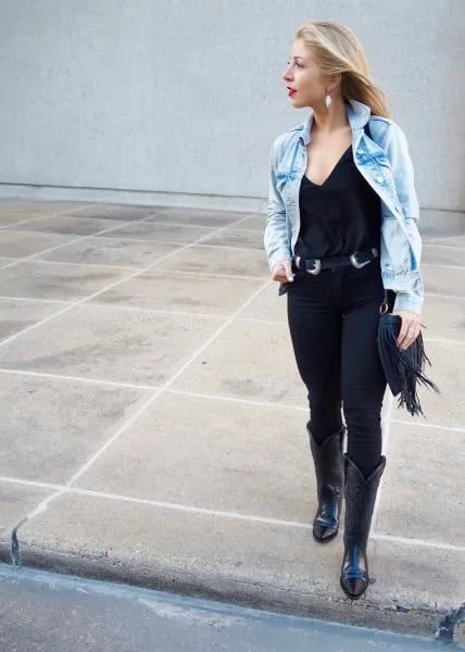 Blue Denim Jacket with Black Cowboy Belt