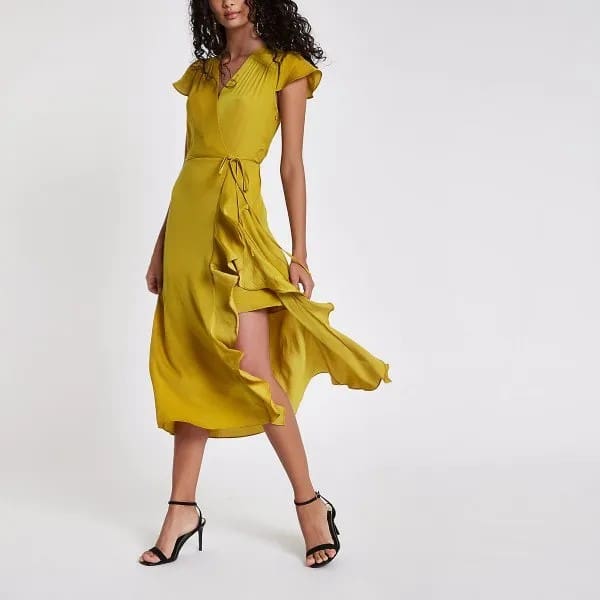 Cap Sleeve Tie Waist Ruffle Slit Midi Dress