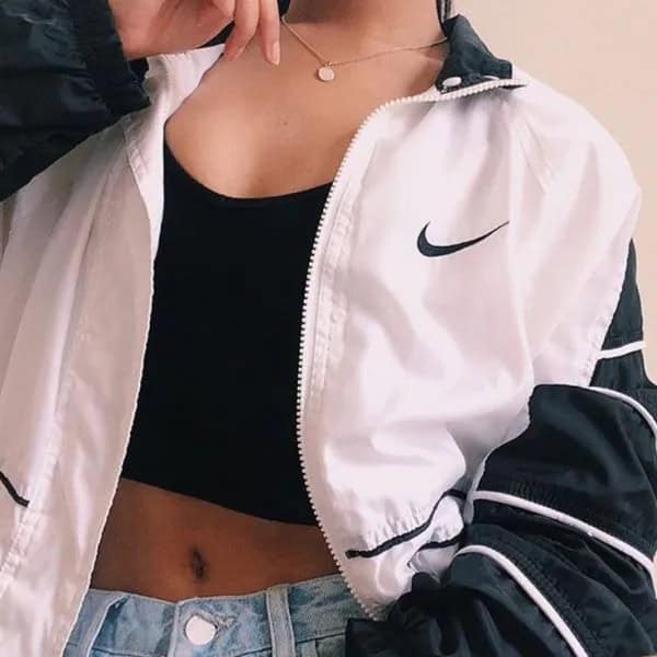 Oversized Nike Windbreaker with Black Crop Top & Denim Mini Shorts