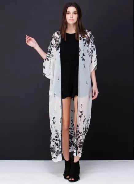 White Maxi Sheer Kimono with Black Mini Denim Shorts