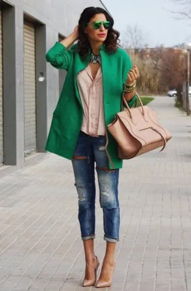 Green Wool Coat with Jeans & Pink Heels