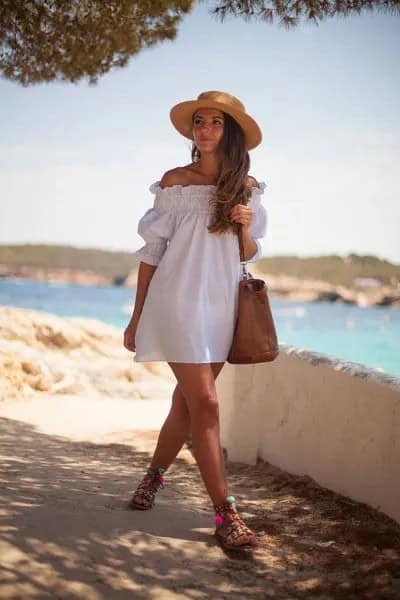 Off The Shoulder White Badydoll Dress with Straw Hat