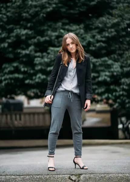 Black Blazer with Light Grey Button Up Shirt