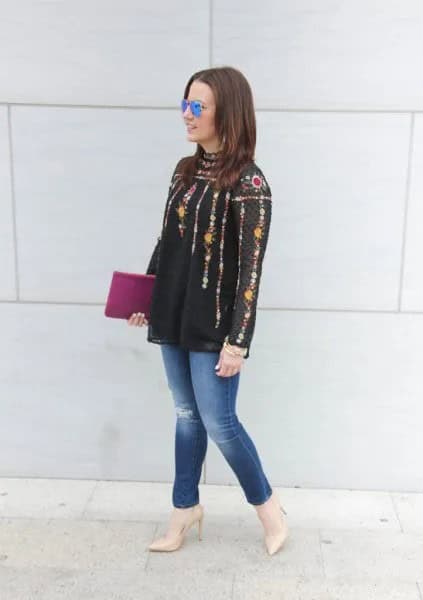 Black Semi-Sheer Embroidered Blouse with Blue Skinny Jeans