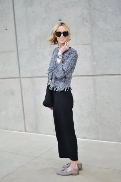 Grey Knit Jacket with Black Wide Leg Pants and Suede Loafers