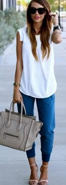 White Sleeveless Blouse with Blue Cropped Jogger Pants