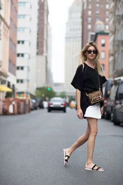 Black Oversized T Shirt with White Mini Skirt & Black and Gold Summer Sandals