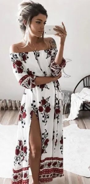 White Off The Shoulder Floral Printed High Split Long Dress