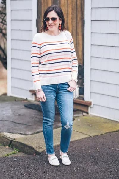 White Knit Sweater with Blue Jeans & Loafers