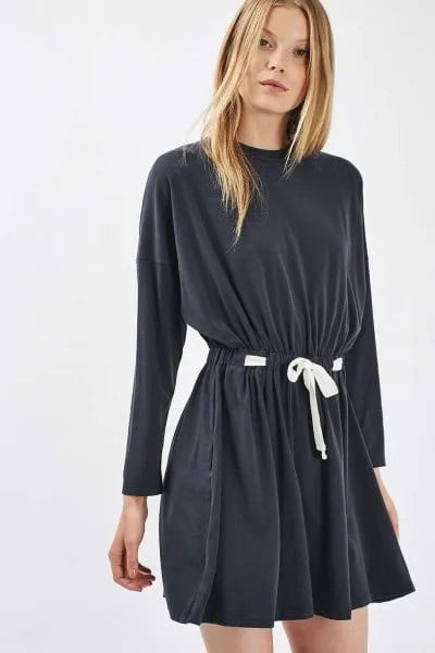 Grey Belted Batwing Flare Mini Dress