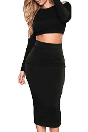 Black Long Sleeve Bodycon Midi Two-Piece Dress