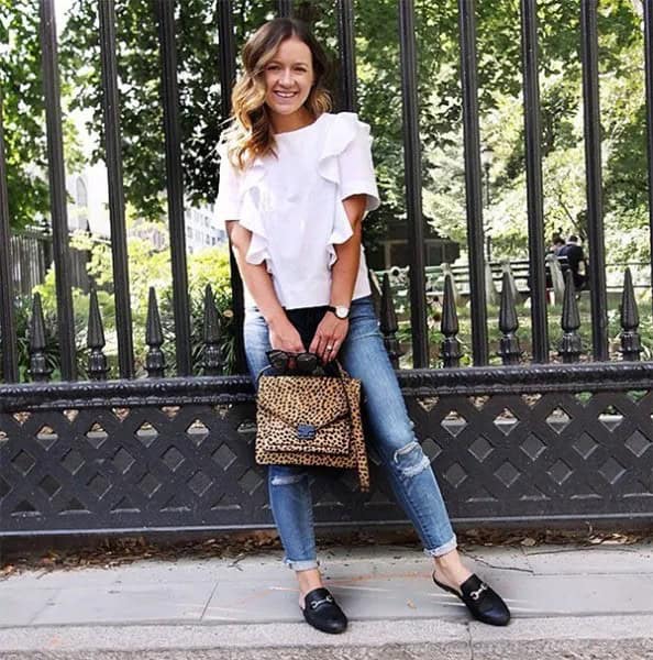 White Ruffle Sleeve Blouse with Blue Ripped Jeans & Burgundy Loafers