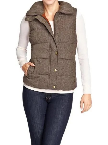 Grey Quilted Tweed Vest Over White Skinny Fit Long Sleeve Tee