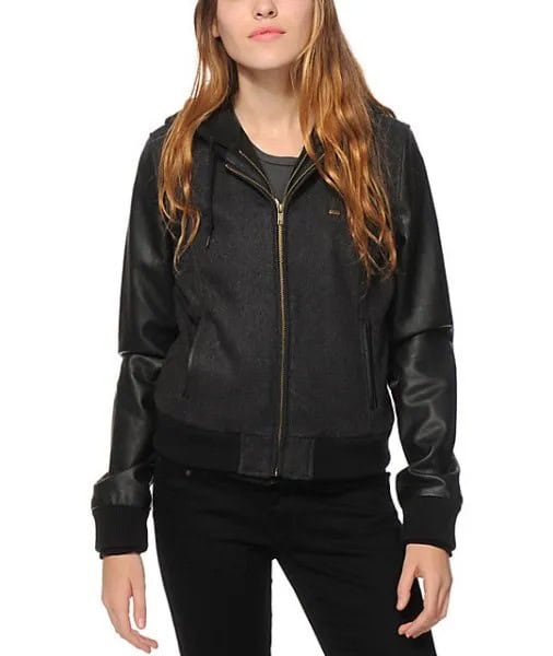 Black Fleece and Leather Two-Toned Hooded Bomber Jacket with Skinny Jeans