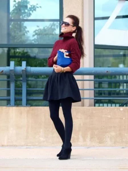 Burgundy Turtleneck Fitted Ribbed Sweater with Black Mini Skater Skirt