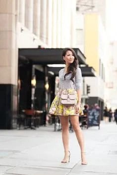 Grey and White Striped Top with Yellow Floral Printed Taffeta Skater Skirt