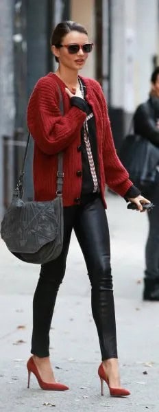 Red Ribbed Sweater Cardigan with Black Top & Leather Leggings