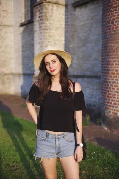 Black Cropped Ruffle Top with Denim Shorts