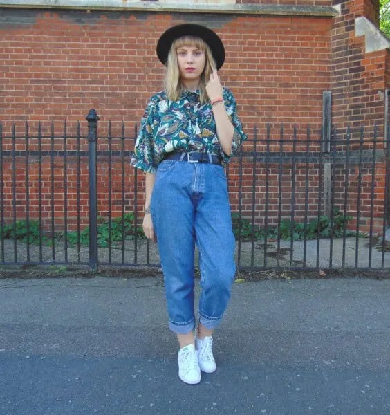 Floral Printed Navy Shirt with Old School Mom Jeans & Felt Hat