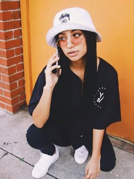 White Bucket Hat with Black Shirt & Jeans