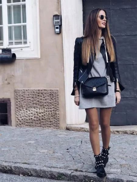 Black Leather Jacket with Grey Mini Hoodie Dress & Studded Combat Boots