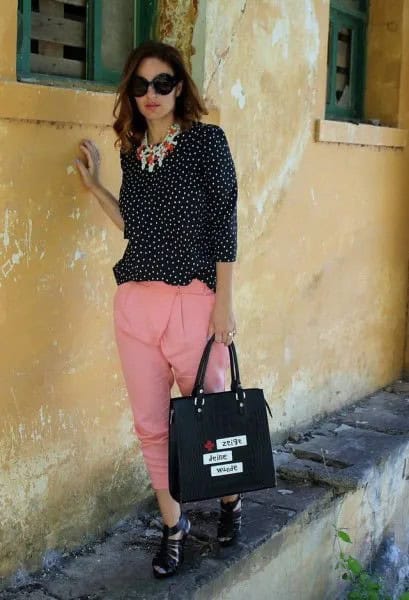 Black and White Polka Dot Blouse with Blush Pink Cropped Pants