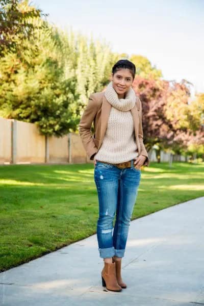 Camel Wool Coat with Turtleneck Ribbed White Sweater