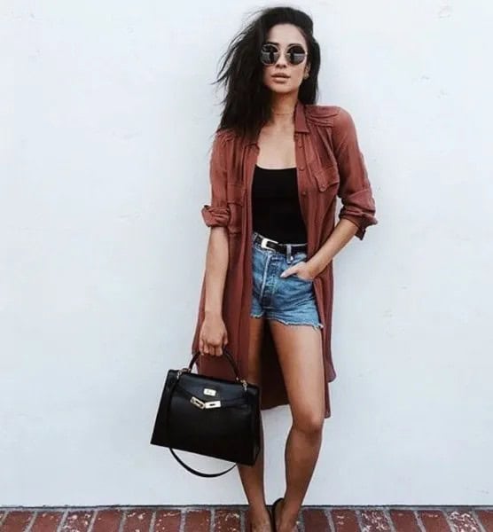 Grey Midi Button Up Shirt with Black Tank Top & High Rise Denim Shorts