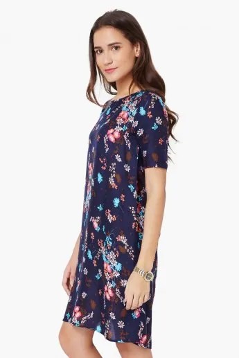 Black and Light Blue Floral Printed Mini Chiffon Shift Dress