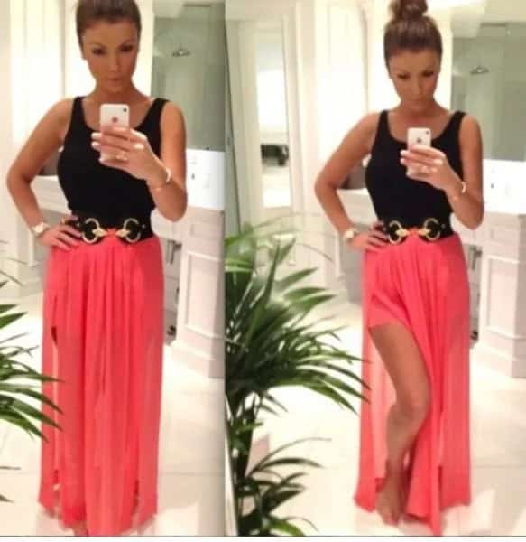 Black Vest Top with Shocking Pink Double Slit Skirt