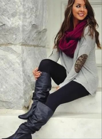 Grey Long Sweater with Burgundy Scarf