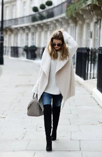 Pale Pink Wool Coat with Black Thigh High Boots