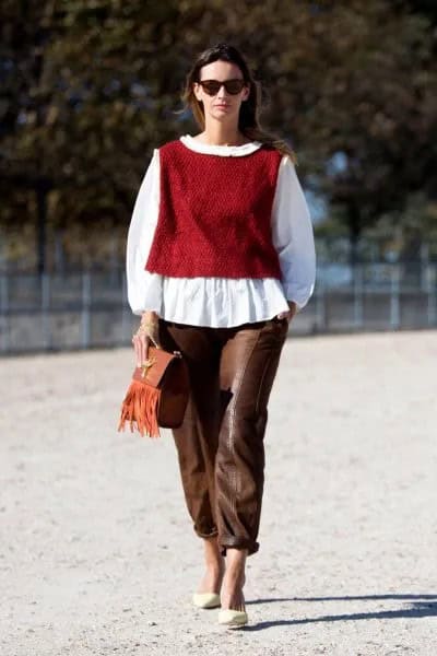 Green Sweater Vest with White Blouse with Brown Leather Pants