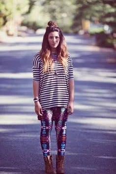 Black and White Striped Tee with Printed Purple Leggings