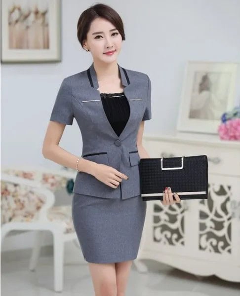 Grey Short Sleeve Blazer with Matching Pencil Skirt