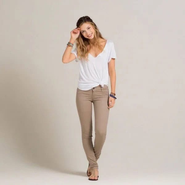 White V Neck Knotted Tee with Greyish Green Super Skinny Jeans