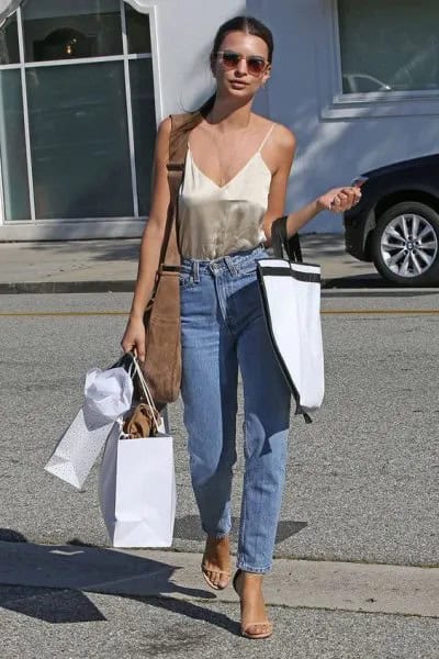 Rose Gold Deep V Neck Silk Camisole with Mom Jeans